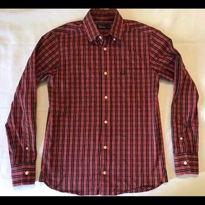 FRED PERRY Men's Red Checkered LS Oxford Shirt XS